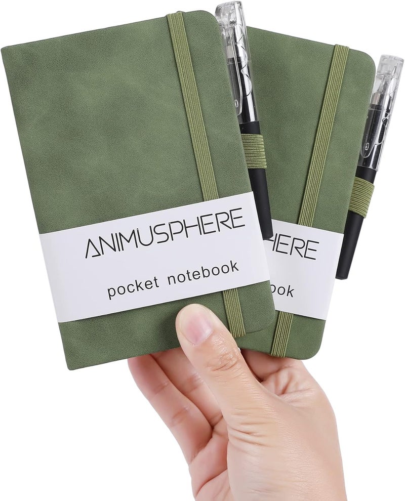 Animusphere 2Pack Pocket Notebook Small Notebook Journal Notebook 4 inches x 5.7 inches 200 Pages Leather Cover With Pen Holder Page Marker Ribbons (Green-withpen) - Image 1